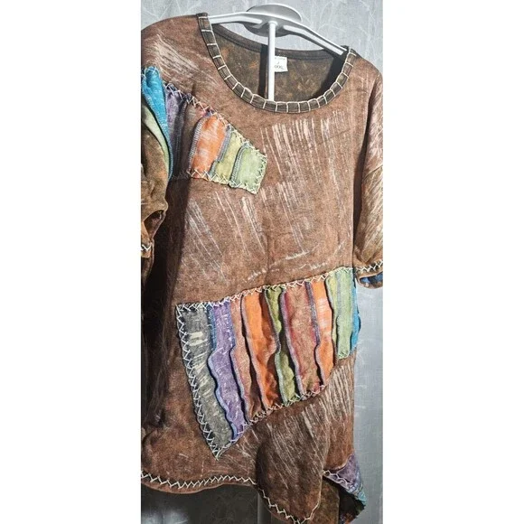 Boho Hippie TShirt Womens M/L Patchwork Short Sleeve Asymmetrical Lagenlook 90s - Picture 4 of 9